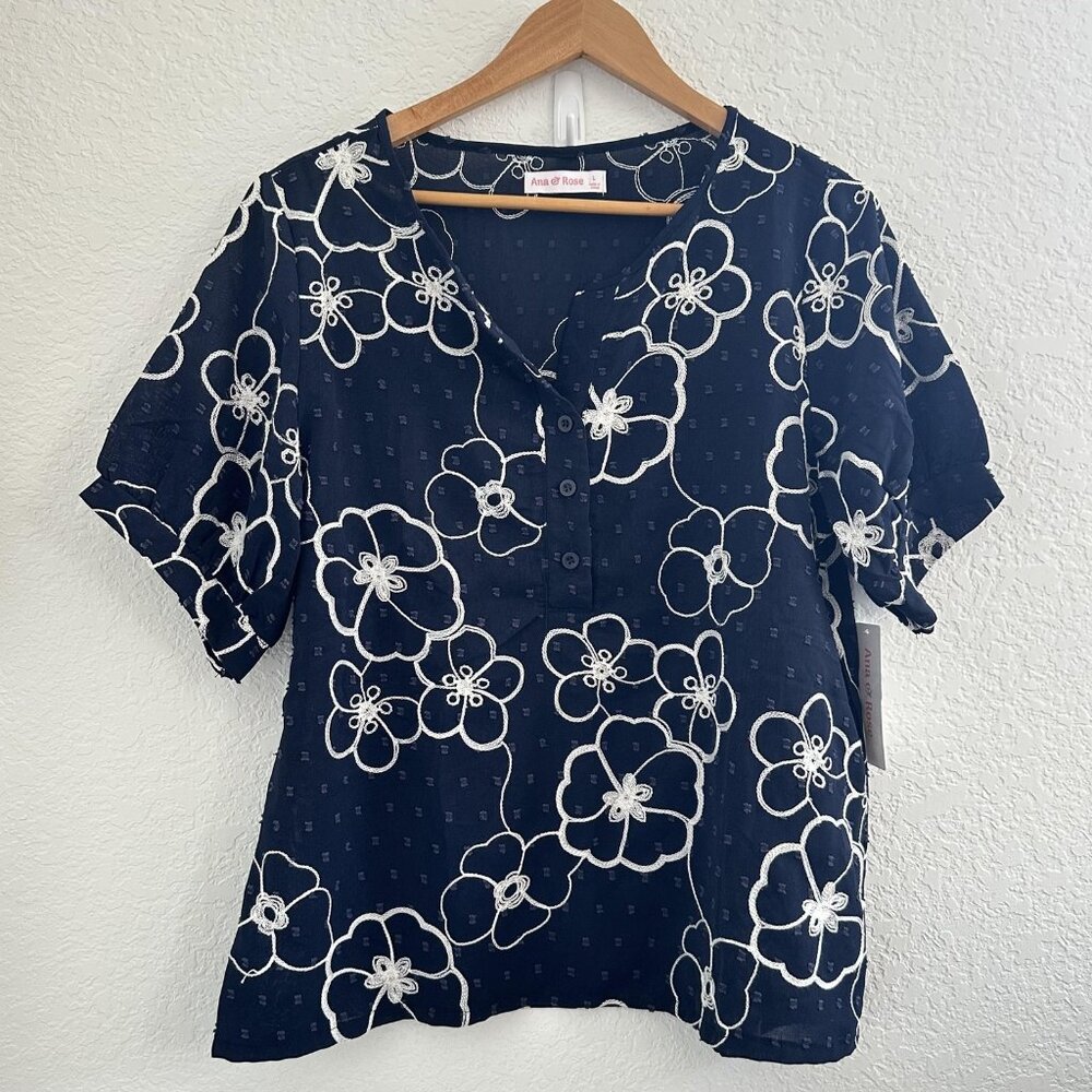 Ana & Rose Henley Top Womens L Floral Dobby Swiss Dot Embroidered S/S Boho Fairy